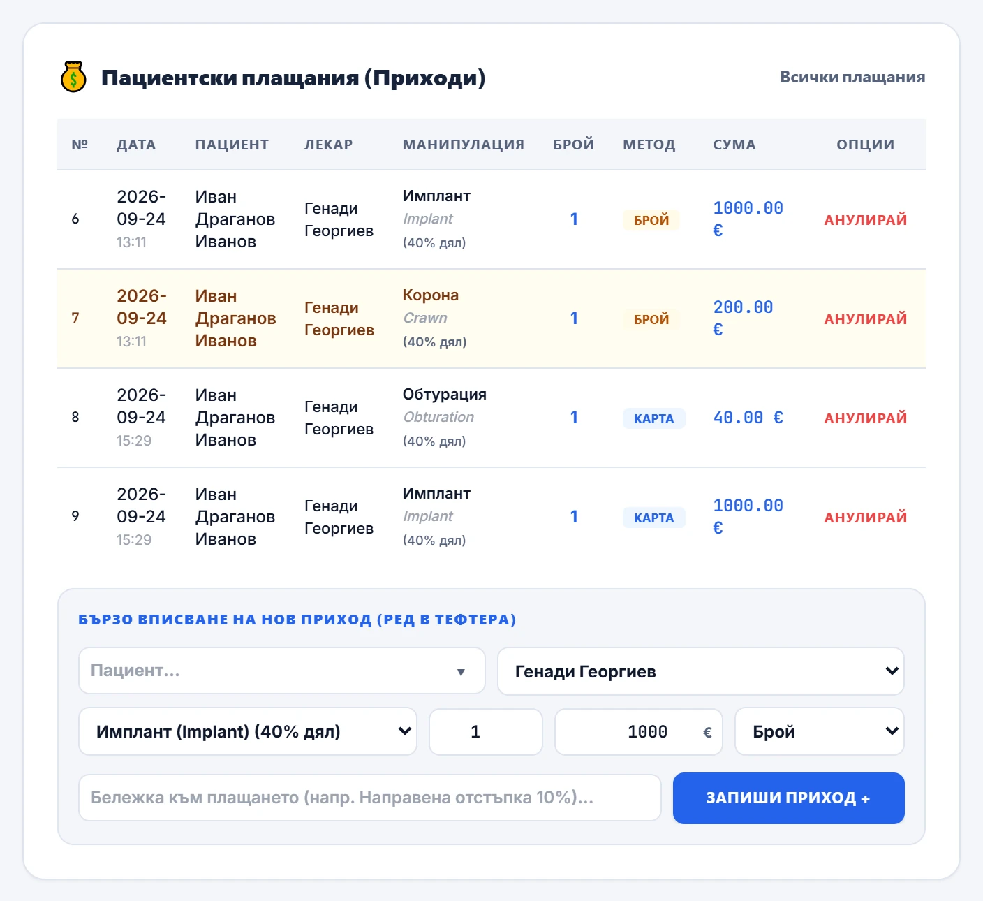 Дневник на пациентските плащания по лекар, манипулация, метод и сума, с бързо вписване отдолу